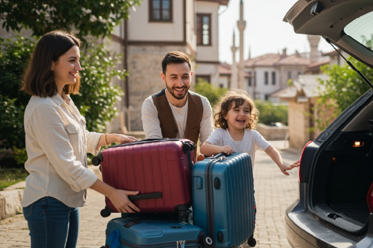 Familia colocando maletas en el coche