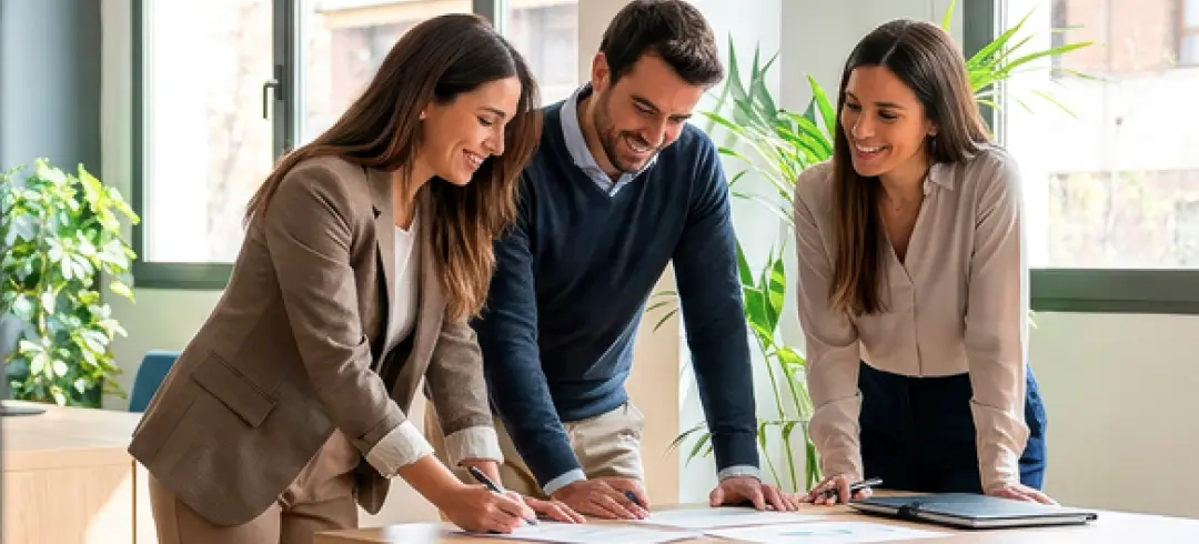 tres trabajadores revisando papeles