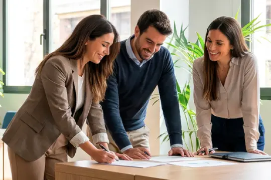 tres trabajadores revisando papeles