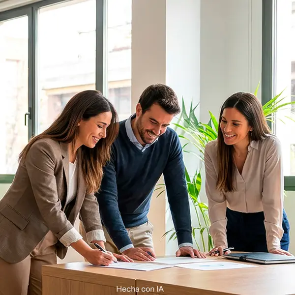 tres personas revisando papeles en una oficina